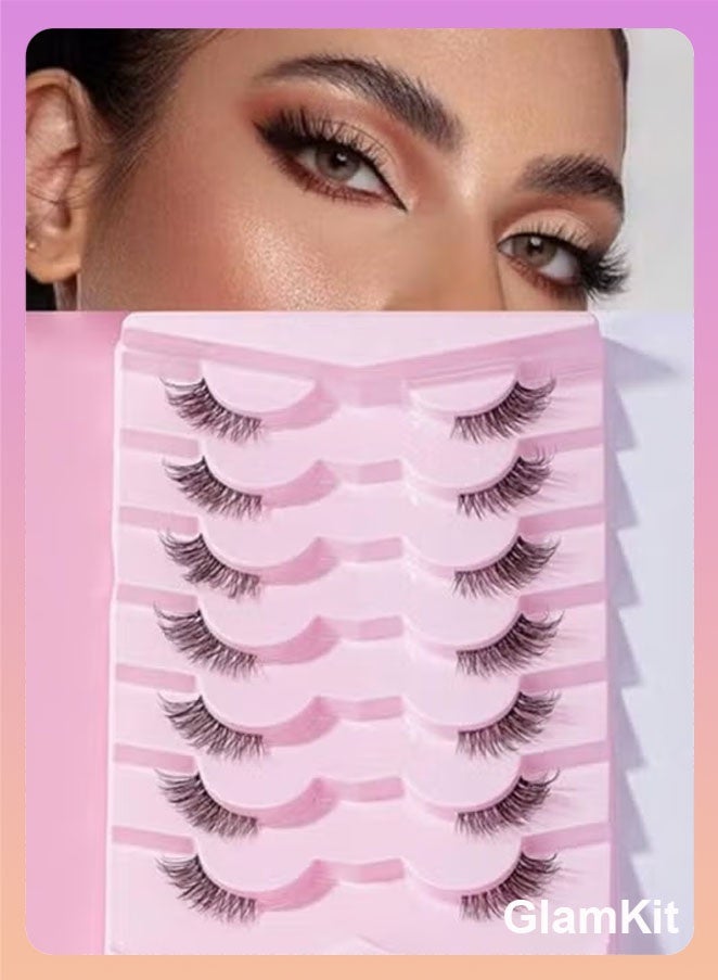 GlamKit Half Lashes With Clear Band Cat-Eye Eyelashes Fluffy Wispy False Eyelashes Natural Look Handmade Soft Diy Cluster Lashes Pack 7 Pairs - Image 1